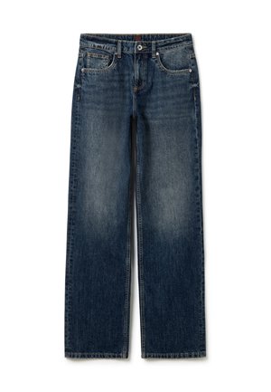 Blauwe denim jeans met een rechte pijp, een mid-rise taille, twee voorzakken en een vervaagde afwerking met een lichte gradient effect.