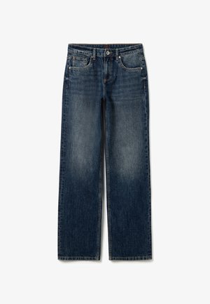 Blaue Denim-Jeans mit geradem Bein, mittelhohem Bund, zwei Vordertaschen und einem abgedunkelten Finish mit leichtem Verlaufseffekt.