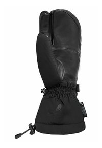 Schwarze Handschuhe mit einem oberen Teil aus Leder und einem unteren Teil aus isolierendem, wasserdichtem Material. Sie verfügen über ein gerafftes Handgelenk und einen Kordelzugverschluss für eine enge Passform.