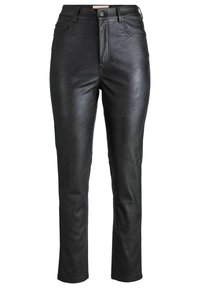 Zwarte leren broek met een gladde textuur, aansluitende vorm, hoge taille en sluiting met ritssluiting aan de voorkant. Voorzien van twee zijzakken.