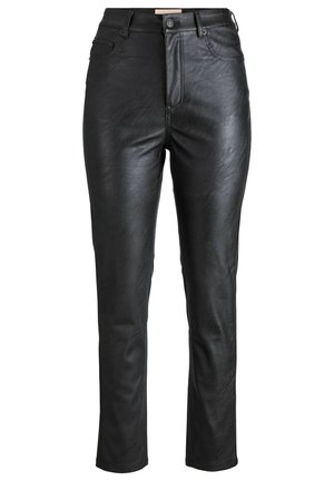Zwarte leren broek met een gladde textuur, aansluitende vorm, hoge taille en sluiting met ritssluiting aan de voorkant. Voorzien van twee zijzakken.