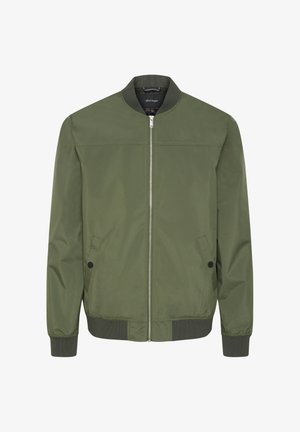 Olivno zelena bomber jakna iz gladkega materiala, z zadrgo spredaj, rebrastimi manšetami in dvema stranskima žepoma s črnimi detajli.