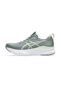 Laufschuh in Hellgrau und Mintgrün. Obermaterial aus Netzgewebe mit synthetischen Akzenten, gepolsterter Schaft und gepolstertem weißen Zwischensohle.
