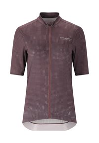 Maillot de cyclisme à manches courtes en mauve foncé, fabriqué en tissu léger, avec une fermeture éclair intégrale et un motif à pois sur l'ensemble.