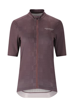 Kortærmet cykeltrøje i mørk mauve, lavet af letvægtsstof, med en fuldlængde lynlås og prikket mønster over det hele.