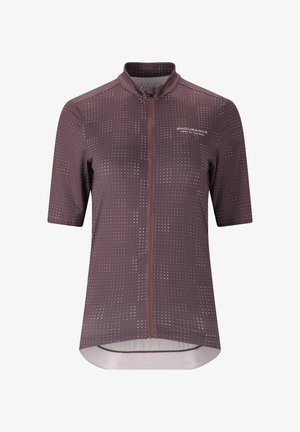 Kortärmad cykeltröja i mörk mauve, tillverkad av lättviktsmaterial, med en hel dragkedja och prickigt mönster överallt.