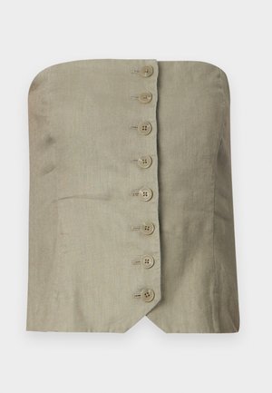 Top bez ramiączek w jasnozielonym lnie z prostym dekoltem, z sześcioma dużymi, okrągłymi guzikami z przodu i spiczastym dołem.