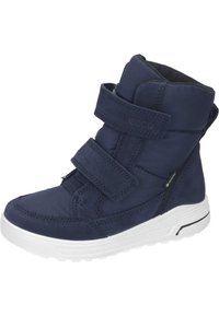 Marineblauwe high-top boot met twee klittenbandsluitingen, textielmateriaal, gevoerde kraag, witte rubberen zool en een waterdicht label aan de zijkant.