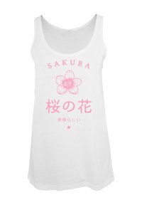 White tank top featuring a pink cherry blossom graphic and the word "SAKURA" above, with Japanese text below. Smooth texture, casual design.