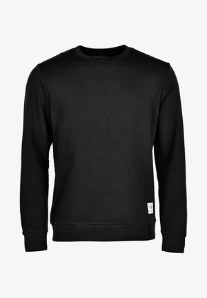 Sort sweatshirt lavet af en bomuldsblanding, med rund hals, lange ærmer, ribbede manchetter og et lille logo-patch ved kanten.