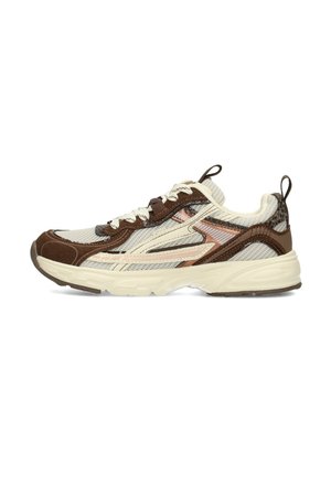 Scarpa da corsa beige, marrone e rosa chiaro con tessuto a rete, suola spessa e design con lacci vista di profilo.