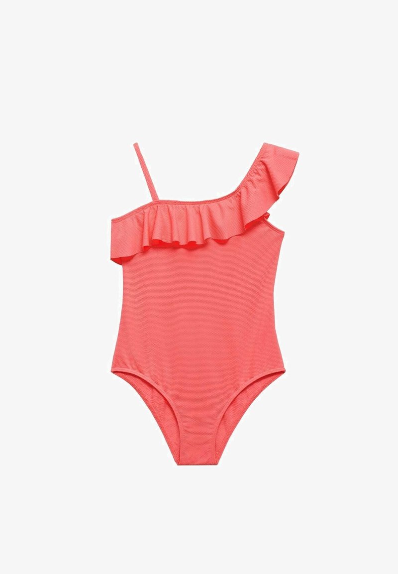 En axelbands-baddräkt i klar korall med volangkrage, tillverkad av mjukt tyg, med en figurnära silhuett och strukturerat mönster.