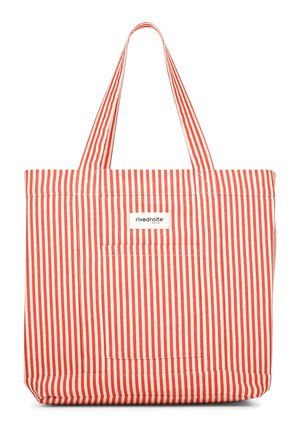 Grand sac cabas avec des rayures verticales rouges et blanches, deux poignées et une poche avant avec une petite étiquette "rivedroite Paris".
