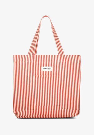 Grand sac cabas avec des rayures verticales rouges et blanches, deux poignées et une poche avant avec une petite étiquette "rivedroite Paris".