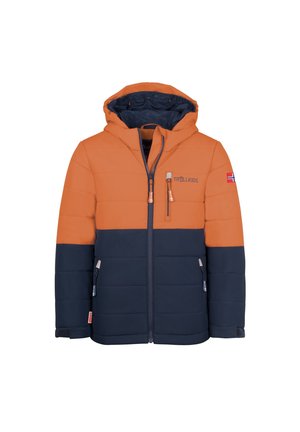 Children's puffer jacket with hood, top half orange and bottom half navy blue, zip pockets, and Norwegian flag patch on the sleeve.