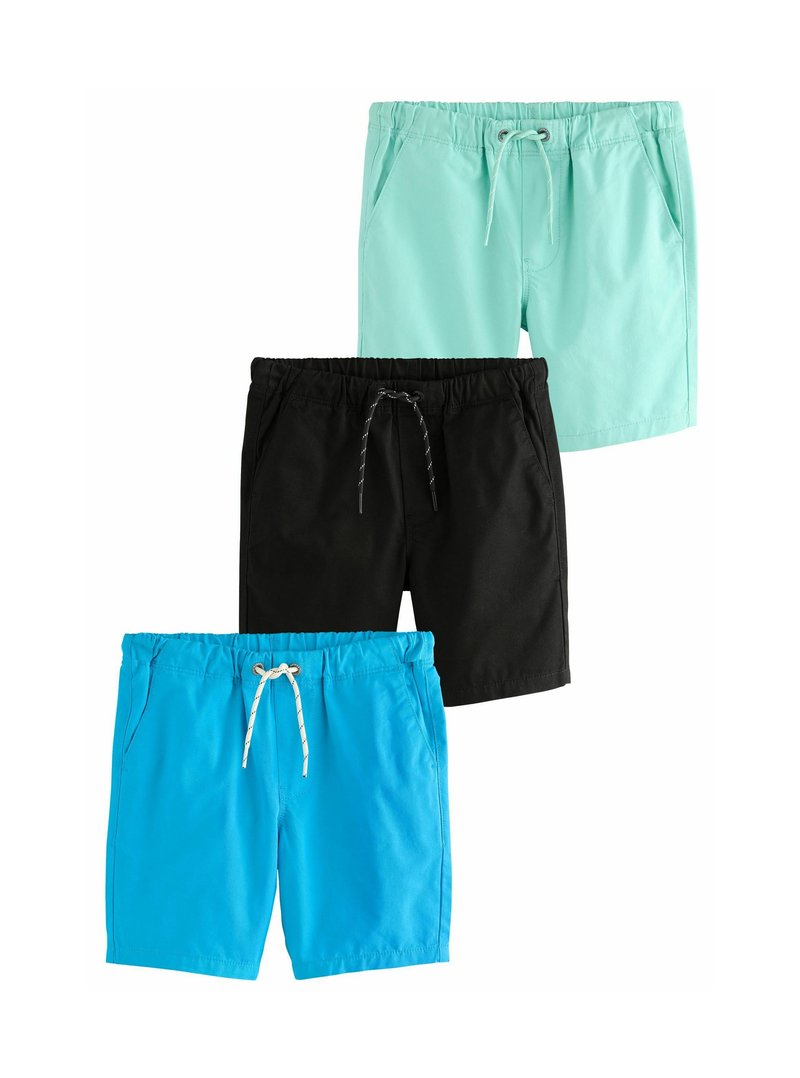Set di tre paia di pantaloni corti: azzurro chiaro, nero e teal. Tutti presentano vita elastica, cordini e tasche laterali. Tessuto morbido.