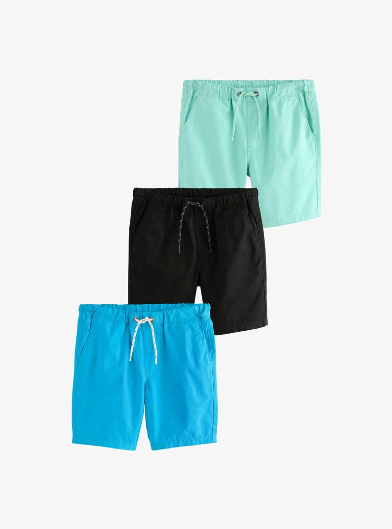 Set of three pairs of shorts: light blue, black, and teal. All feature elastic waistbands, drawstrings, and side pockets. Smooth fabric.