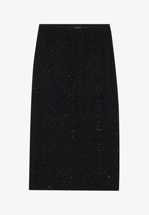 Saia preta lápis feita de tecido canelado, com um brilho subtil e detalhes em prateado, design ajustado ao corpo e corte até ao joelho.