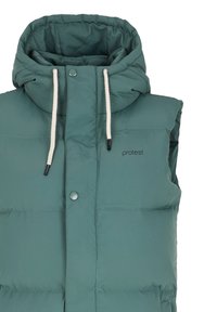 Zelená péřová vesta s vysokým límcem, zipem a cvoky, a bílými šňůrkami. Obsahuje prošívaný design a jemný detail loga.