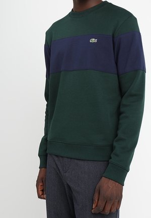 Dark green and navy color-blocked crewneck sweatshirt with long sleeves and small crocodile logo on chest, worn with gray pants.
