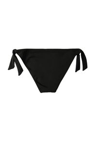 Svart bikiniunderdel i slätt tyg med knytningar på varje sida. Har en triangulär form och en sömlös design.