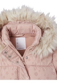 Rosa gepolsterte Jacke mit einem Kunstfellkragen, floralen Muster, Druckknopf- und Reißverschluss-Verschluss, weichem Innenfutter und einem Pflegeetikett innen.