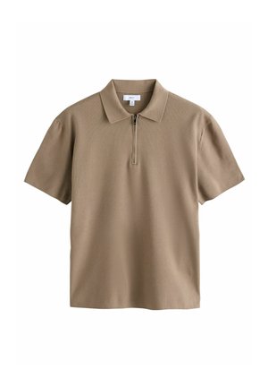 Short-sleeve polo shirt in light brown, features a half-zip closure, soft texture, and classic collar design. Smooth, minimalistic style.
