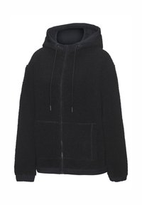 Schwarze Kapuzenfleecejacke mit Reißverschluss vorne, strukturierter Stoff, zwei vordere Taschen und verstellbaren Kordeln an der Kapuze.