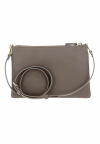 Borsa a mano in pelle grigia con texture, dotata di una zip superiore, tracolla regolabile e un design minimalista. La superficie presenta una texture a ciottoli.