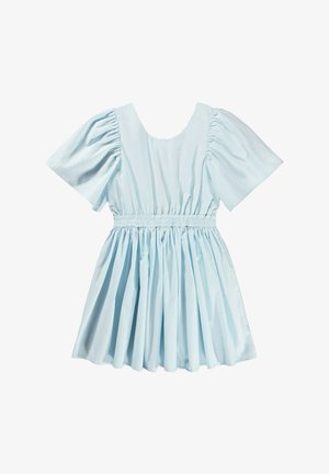 Vestito azzurro con maniche corte a sbuffo, vita elasticizzata aderente e gonna svasata. Realizzato in tessuto liscio, con un design semplice.