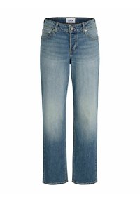 Jeans de mezclilla azul claro con cintura alta, diseño de pierna recta, ligero desvanecimiento, bolsillos delanteros y cierre de botón. Etiqueta de marca visible en el interior.