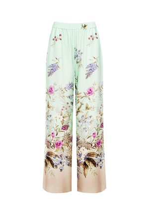 Pantaloni a gamba larga verde chiaro con motivi floreali rosa, viola e marroni e una vita elastica.