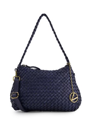 Woven navy leather handbag with a braided strap, zip closure, and gold-tone hardware. Accented with a charm featuring a circular peace symbol.
