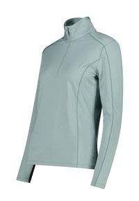 Vaaleanvihreä pitkähihainen toppi, jossa on puolitietävä kaulus, valmistettu joustavasta materiaalista. Ominaisuuksiin kuuluvat kontrastiväriset saumat ja slim fit -suunnittelu.