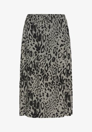 Szara spódnica z czarnym wzorem w panterkę, wykonana z miękkiego materiału, z elastycznym paskiem w talii i regulowanym sznurkiem.