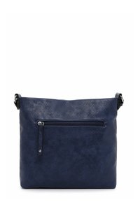 Borsa a tracolla in pelle blu navy con superficie perforata, dotata di tasca frontale con zip e tracolla regolabile. Texture liscia e forma rettangolare.