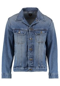 Džínová bunda světle modré barvy, s dlouhými rukávy, zapínáním na knoflíky, dvěma náprsními kapsami a klasickým límcem. Má označené knoflíky a šití.