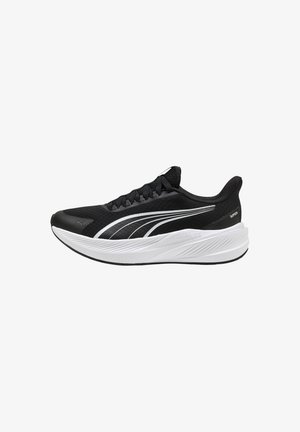 Black running shoe with white cushioned sole, sleek white stripe design, lace-up closure, and "SILYTEK" text on heel area.