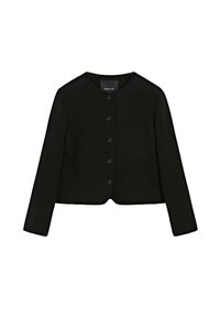 Black cropped jacket made from soft fabric, featuring a round neckline, long sleeves, and six buttons down the front for closure.