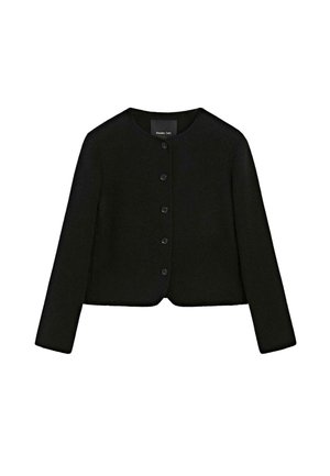 Zwarte cropped jas van zacht materiaal, met een ronde halslijn, lange mouwen en zes knopen aan de voorkant voor sluiting.