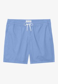 Shorts da bagno azzurri chiari realizzati in tessuto morbido, con vita elasticizzata e lacci bianchi, e tasche laterali.