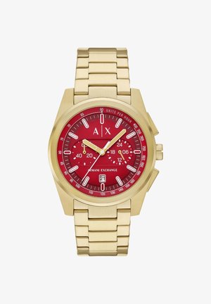 Goldener Edelstahluhren mit rotem Ziffernblatt, silbernen Stundenmarkierungen und leuchtenden Zeigern. Verfügt über eine Datumsanzeige und ein Gliederarmband-Design.