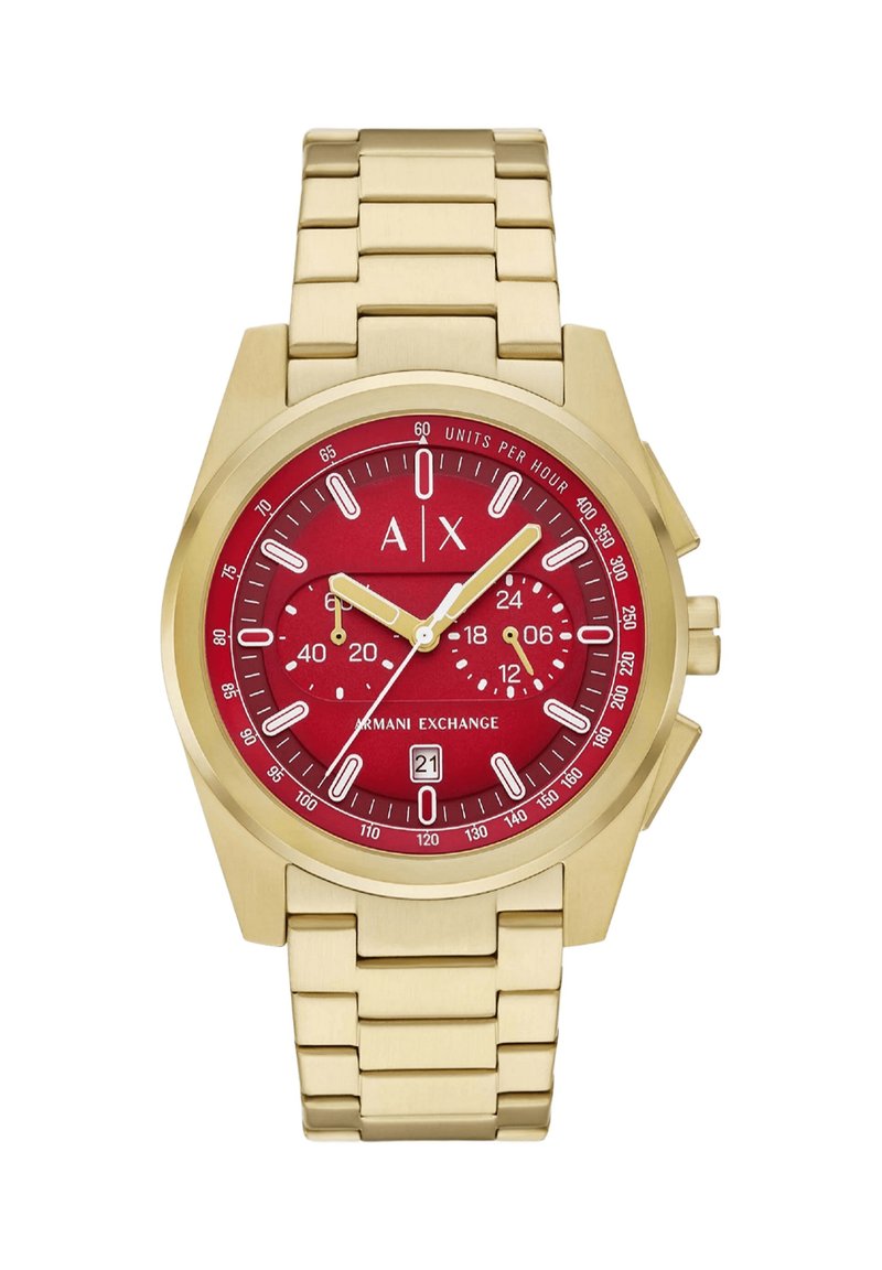 Zlatni sat od nehrđajućeg čelika s crvenim brojčanikom, srebrnim kazaljkama i luminescentnim pokazivačima. Ima prikaz datuma i dizajn narukvice s karikama.