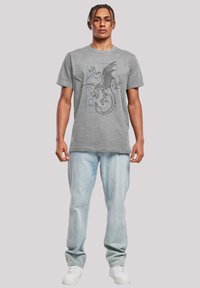 Camiseta de algodón gris con un diseño detallado en negro y azul de un dragón con montañas, combinada con jeans azul claro y zapatillas blancas.