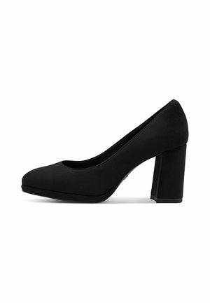 Black suede block-heeled pump with closed rounded toe and medium-height heel, shown in right side profile on white background.