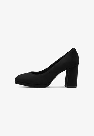 Black suede block-heeled pump with closed rounded toe and medium-height heel, shown in right side profile on white background.