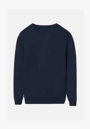 Sudadera azul marino de cuello redondo y mangas largas. Textura suave, puños y dobladillo acanalados, sin patrones o acentos adicionales visibles.