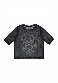 Black mesh short-sleeve shirt featuring a gray skull graphic with the text "BAD OMENS" and decorative elements like tears and horns.