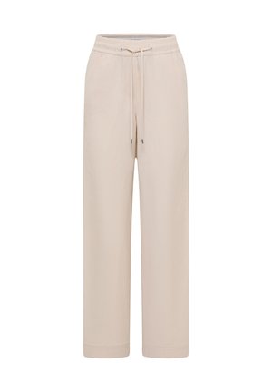 Pantaloni beige a gamba larga con elastico in vita e coulisse regolabile, progettati per un uso casual.