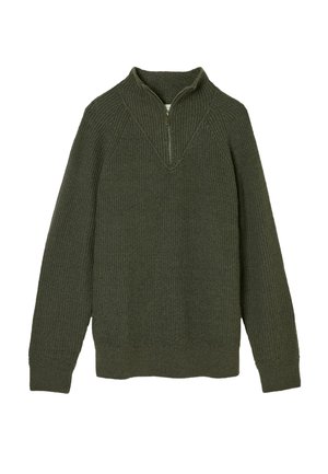 Olivgrüner, gestrickter Pullover mit Reißverschlusskragen, gerippter Textur und langen Ärmeln. Er hat eine lockere Passform und einen gesteppten Saum.